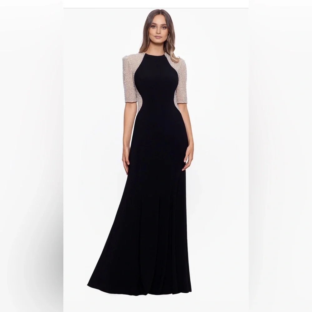 Xscape Black gown with Silver beaded sleeves - Picture 2 of 4